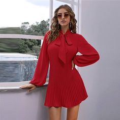 Red Tie Neck Lantern Long Sleeve Pleated Mini Dress | Uniqistic.com Pleated Mini Dress For Fall, Solid Pleated Mini Dress For Fall, Solid Long Sleeve Pleated Mini Dress, Red Dress Long Sleeve, Red Dress Long, Bow Tie Dress, Red Tie, Pleated Mini Dress, Dress Long Sleeve