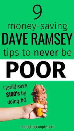 a hand holding a small statue with the words 9 money saving dave ramsay tips to never be poor