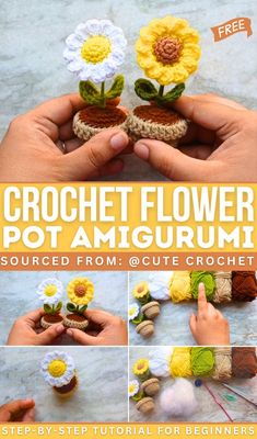 the crochet flower pot amigurum is shown in four different pictures, including two