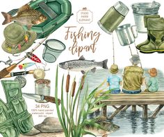 watercolor illustration of fishing equipment and people sitting at a picnic table with fish on it