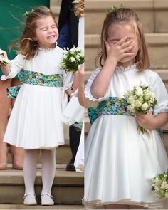 A few photos of the adorable bridal party of six bridesmaids and two page boys, including Princess George and Princess Charlotte. This is the fourth wedding that George and Charlotte served as page boy and bridesmaid. Prince Edward and Sophie’s daughter Lady Louise Windsor accompanied the children inside the church. The little outfits were designed by Amaia Arrieta of Amaia Kids. The design incorporates the Mark Bradford artwork included in the Order of Service. Princess George, Princess Eugenie And Beatrice, Eugenie Wedding, Louise Windsor, Prince George And Princess Charlotte, Page Boys, Prince Georges, Mark Bradford, English Royal Family