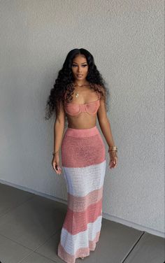 Crochet Outfits Two Piece, Crochet Top Bigger Chest, Pink Vacation Outfits Black Women, Outfit Ideas Black Women Going Out, Jouvert Outfit Ideas Carnival, Rooftop Dinner Outfit, Outfits For Puerto Rico, Jamaican Vacation Outfits, Tropical Vacay Outfits