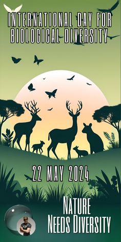 a poster for the international day for biological diversity, featuring deer and birds