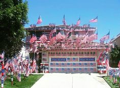 a garage with american flags painted on it