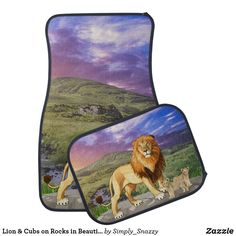 two car mats with lions on the road