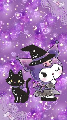 a cat and a witch on a purple background with hearts, stars and sparkles