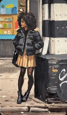 a painting of a woman standing on the sidewalk in front of a book store wearing a black puffy coat