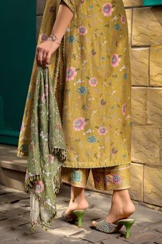 Yellow silk chanderi kurta with all over floral prints and embroidery work on the yoke. Paired with a coordinating pant. - Aza Fashions Silk Palazzo Set With Dupatta, Anarkali Style Palazzo Set With Dupatta And Straight Pants, Traditional Silk Pants With Zari Work, Chanderi Palazzo Set With Dupatta, Anarkali Salwar Kameez With Straight Pants And Dupatta, Traditional Palazzo Set With Dupatta And Straight Pants, Silk Sets With Dupatta And Straight Pants, Traditional Sets With Dupatta And Straight Pants, Silk Pants With Dupatta For Festive Occasions