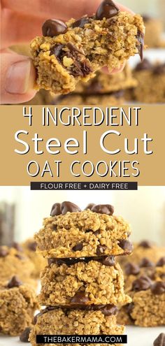 four ingredient steel cut oat cookies stacked on top of each other with chocolate chips