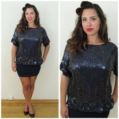 Vintage 90s CeeCee Irisdescent Black Sequin and Beaded Top, Size M/L by retrorocketgirl Iridescent Black, Beaded Top, Swirl Pattern, Sequin Top, Black Sequins