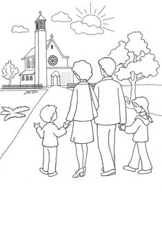 an adult and two children standing in front of a church