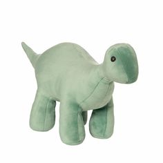 a green stuffed dinosaur toy on a white background