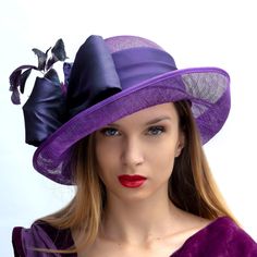 Gorgeous wide brim hat for Kentucky derby or Royal Ascot, made of high quality purple sinamey with an amazing decoration of dark purple organzabows and feaether flowers. The wide asymmetric brim make it really special and suits almost all face types. The hat is hand blocked on a wooden block and hand stitched to perfection at Irina Sardareva millinery atelier. It is great to wear on Derby races, Royal Ascot, Cocktail parties, Weddings, Tea parties, etc. This hat is available is available size 57 - 22 1/4' . Other colors / sizes can be made in 5 working days. you can see same shape in pink on the last picture. All deliveries are made by TNT or FedEx so it is SAFE & QUICK. ( shipping cost you can see at the Shipping policy page) Thank you buying or watching and do not forget to favorite it i Cup Hat, Navy Fascinator, Face Types, Elegant Hat, Kentucky Derby Fascinator, Royal Ascot Hats, Derby Fascinator, Ascot Hats, Melbourne Cup