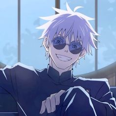 an anime character with purple hair and sunglasses