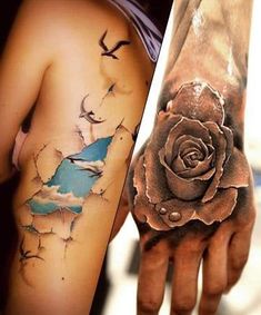 two different tattoos that have birds flying over them and a rose on the left arm