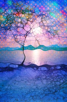 a painting of a tree with the sun in the background and water reflecting off it's surface