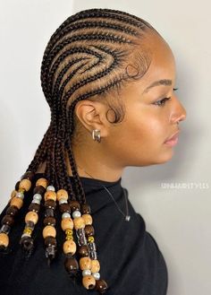 Tribal braids Braids With Brown Beads, Brown Braids With Beads, Beaded Braids Hairstyles, Braids With Brown, Braids With Beads For Women, Brown Cornrows, Style Cornrows, Braids With Beads Hairstyles, Beaded Braids