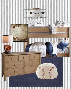 a baseball themed bedroom is featured in this ad for the children's furniture store