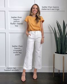 21 Better Than Basic Summer Outfits for 2021 | Merrick's Art Outfit Ideas Causal, White Wide Leg Jeans Outfit, White Wide Leg Pants Outfit, Yellow Top Outfit, Basic Summer Outfits, Cropped Pants Outfit, 21 Outfits, Basic Accessories, White Wide Leg Jeans