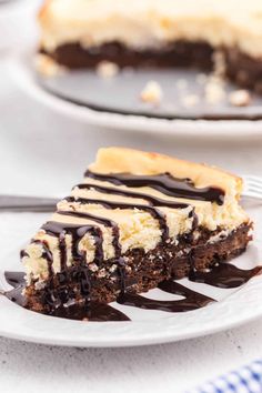 a slice of chocolate cheesecake on a white plate