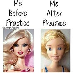 two barbie dolls side by side with the words me before and after practice