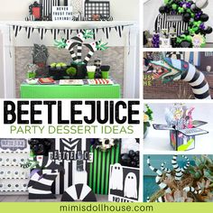 a collage of different party desserts with black, white and green decorations on them