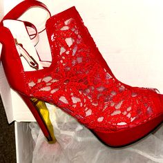 Red Lace Peep Toe Strap Heels. Never Worn. Red Lace-up Heels For Spring, Holiday Synthetic Heels, Red Lace-up Heels For Evening, Red Lace-up Heels For Party, Red Synthetic Heels For Party, Red High Heel Holiday Heels, Red Synthetic Heels For Evening, Red High Heels For Holidays, Red Heels For Spring Evening