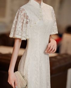 Long Cheongsam Dress Daily White Lace Dress - Weqipao Qipao Wedding Dress, Qipao Pattern, Wedding Qipao, Wedding Cheongsam, Qipao Wedding, Red Qipao, Modern Qipao, Dot Worksheets, Wedding Tea