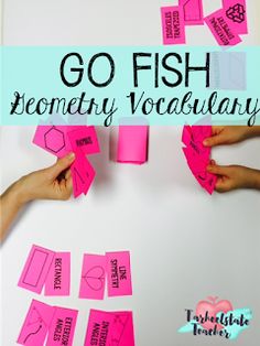 two hands holding pink sticky notes with words that read go fish, promethy vocabilany