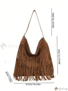 Bird in Bag - European-American Retro Style Tassel Shoulder Bag with Large Capacity - Ideal for Fashionable Vintage, Retro, Bohemian, and Vacation Looks. Suitable for Teen Girls, Women, College Students, Rookies, and White-collar Workers – Perfect for Office, Work, Business, Commute, Outdoors, Travel, and Outings. Elevate your Style with this Spacious Bohemian Fall Bags With Tassels, Bohemian Shoulder Bag With Tassels For Fall, Trendy Brown Hobo Bag With Fringe, Festival Bags For Fall, Rectangular Bags With Tassels For Fall, Fall Fringe Shoulder Bag For Daily Use, Trendy Shoulder Bag With Tassels For Daily Use, Chic Brown Fringe Hobo Bag, Trendy Fringe Shoulder Bag