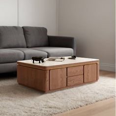 a living room with a couch, coffee table and rug on the floor in front of it