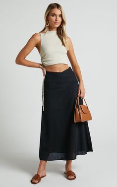 Sundry Midi Skirt - Linen Look High Waisted Cross Front Detail Skirt in Black | Showpo USA Chic Maxi Skirt For Vacation, Versatile Summer Maxi Skirt, Versatile Summer Maxi Skirt For Day Out, Chic Flared Maxi Skirt For Vacation, Versatile Relaxed Summer Mini Skirt, Versatile Midi Skirt For Summer, Versatile Relaxed Mini Skirt For Summer, Chic Flared Maxi Skirt For Beach, Versatile Summer Skirt