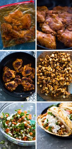 four pictures showing different types of food in various stages of being cooked, including chicken and tortillas