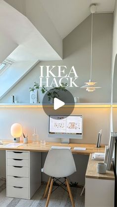 a desk with a computer on top of it in front of a skylight that reads ikea hack