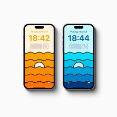 two iphones showing the time and weather in different colors, one with an ocean theme