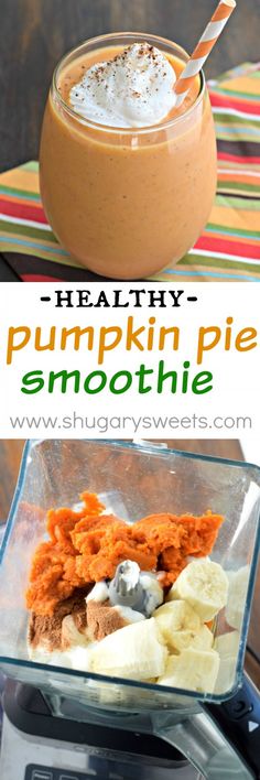 healthy pumpkin pie smoothie recipe in a blender with text overlay that reads healthy pumpkin pie smoothie