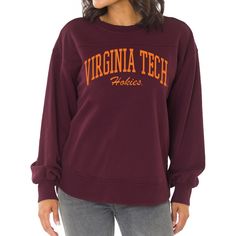 Spruce up your wardrobe by grabbing this Virginia Tech Hokies Yvette Pullover Sweatshirt. This sweatshirt has a relaxed fit for maximum comfort, and the balloon sleeves add plenty of style. Complete with distinct Virginia Tech Hokies graphics, this midweight top is just what you need for game day. Collegiate Relaxed Fit Sweatshirt For Fall, Relaxed Fit Sweatshirt For Fall Campus Wear, Fall Campus Relaxed Fit Sweater, Relaxed Fit Fall Campus Sweater, Relaxed Fit Fall Sweater For Campus, Trendy Fall Sweatshirt For Campus, Trendy Campus Sweatshirt For Fall, Trendy Sweatshirt For Campus In Fall, Fall Collegiate Sweater For Loungewear