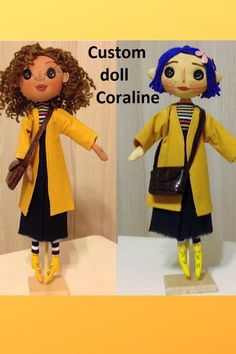 the doll is wearing a yellow coat and black dress with striped socks, carrying a brown purse