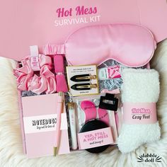 Perfect for the girl who’s thriving … kind of. The ‘Hot Mess Survival Kit’ is packed with playful, snarky + sassy essentials to bring a smile and a little calm to her wonderfully chaotic life—because, let’s be real, she deserves a break (or three)! 💅 If just the sight of this box makes you smile—mission accomplished! 😉💗✨ #selfcare #hotmess ##gifthampers #carepackage #giftforher #smallbusiness #shopsmall #pink #girly #dabbledoll Survival Kit Gifts, Remove Makeup From Clothes, Pink Notebook, Unruly Hair, Fluffy Socks, Unboxing Experience, Holiday Gift Box, Encouragement Gifts