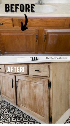 the before and after pictures of a bathroom vanity makeover with wood cabinets, black and white patterned flooring