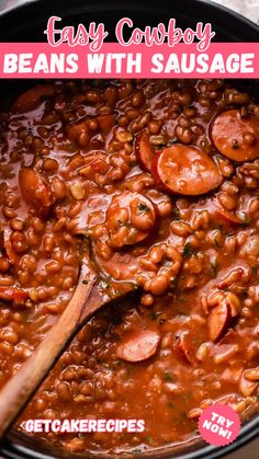 This may contain a bowl of a mix of beans, sausage, and a flavorful sauce. Smoked Sausage Cowboy Beans, Easy Cowboy Beans, Beans With Sausage, Grilled Dinner Recipes, Beans Beans, Cowboy Beans, Beans And Sausage, Beach Food