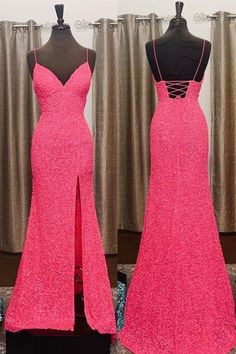 Spaghetti Straps Neon Pink Mermaid Long Prom Dress with Slit Pink Hoco Dress Long, Hot Pink Long Dress, Hot Pink Prom Dresses, Long Tight Prom Dresses, Hot Pink Prom Dress, Neon Prom Dresses, Cute Formal Dresses, Prom Dresses Long Pink, Neon Dresses