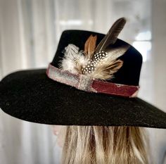 Welcome to Rodeochics..custom handmade Feathered Hatbands made with Genuine Pendleton(R) Fabric or Genuine Italian Wool Fabrics. Accented with Gorgeous feathers.   Company Logo Hatbands available. Please convo for info. RODEOCHICS  is proud to be the FIRST and the  original Designer on Etsy of Genuine Pendleton® Fabric Custom made  hatbands. For over 5 years I have been custom making these bands for clients whom love them and come back again and again.  Be rest assured you are getting an origina Bohemian Rodeo Hat With Feather Trim, Adjustable Hats With Feather Trim For Western-themed Events, Feathered Cowboy Hat Band, Vintage Feather Hat Bands For Western-themed Events, Brimmed Hat Bands With Feather Trim For Western-themed Events, Pendleton Fabric, Cowboy Hat Bands, Traditional Fabric, Beautiful Hats