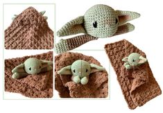 a crocheted yoda laying on top of a blanket next to another stuffed animal