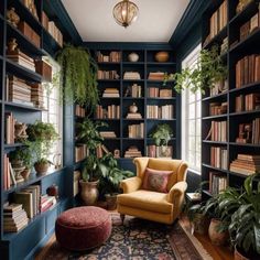 a living room filled with lots of bookshelves covered in plants and potted plants