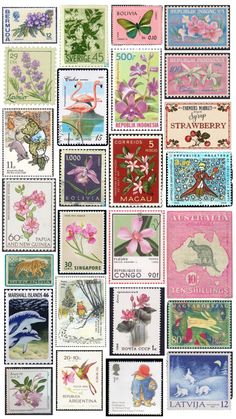 many different postage stamps with flowers and animals on them, all printed in different colors