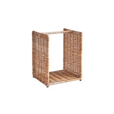 a wicker shelf with two shelves on each side