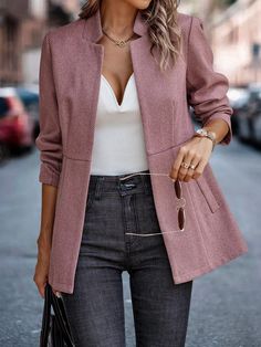 F00194356-305 Blazer Rose, Blazer Casual, Elegant Coats, Elegant Office, Fitted Cardigan, Estilo Chic, Mode Design, Pink Blazer, Casual Blazer