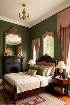 a bedroom with green walls and a bed in it's center piece, along with two lamps on either side of the bed