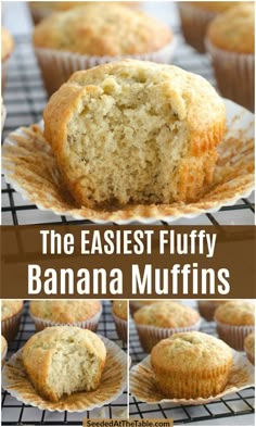 banana muffins on a cooling rack with the words, the fastest fluffy banana muffins